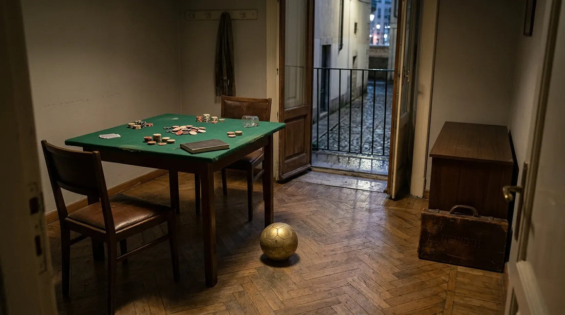 カードテーブルに向き合う元プロサッカー選手の背中——ピッチとゲームテーブルで共通する「読み」と「待つ勇気」を象徴する一場面