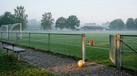誰もいない早朝のサッカーピッチに一人でいる選手のシーン。ピッチに立てない時間の過ごし方と成長をテーマにした記事のサムネイル