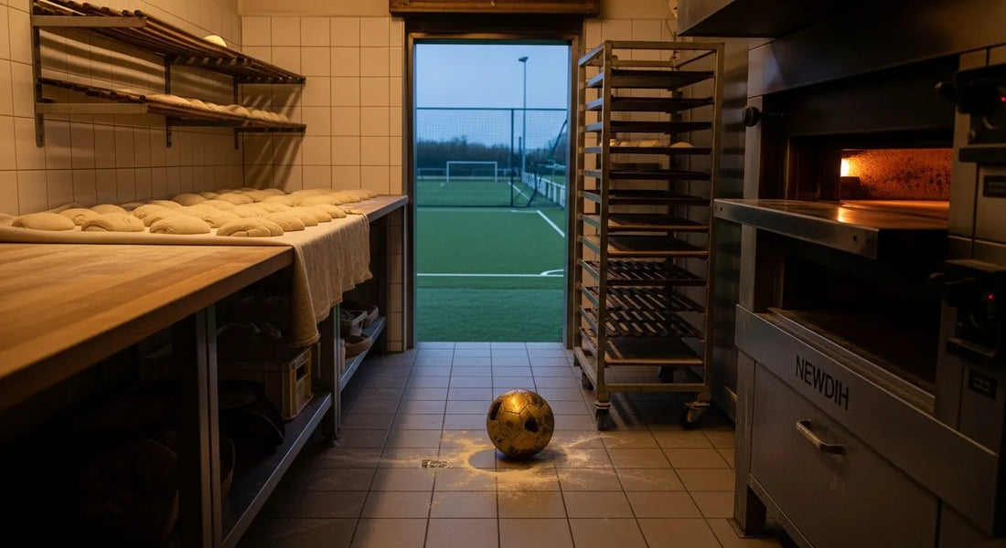 パン屋とサッカーの二つの現場を行き来するフットボーラーのプロフェッショナリズムを象徴する、早朝のオーブンとピッチを対比させたイメージ