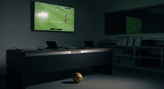 映像分析ツールを使うサッカー指導者と選手。データとテクノロジーがサッカーの現場をどう変えるかを論じた記事のサムネイル画像