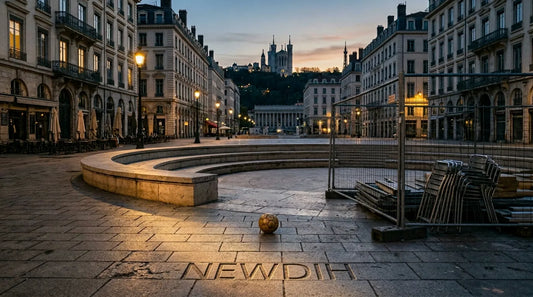 フランスのサッカースタジアム外観と周辺の街の風景、スポーツ施設と市民生活が交差する場所を象徴するイメージ