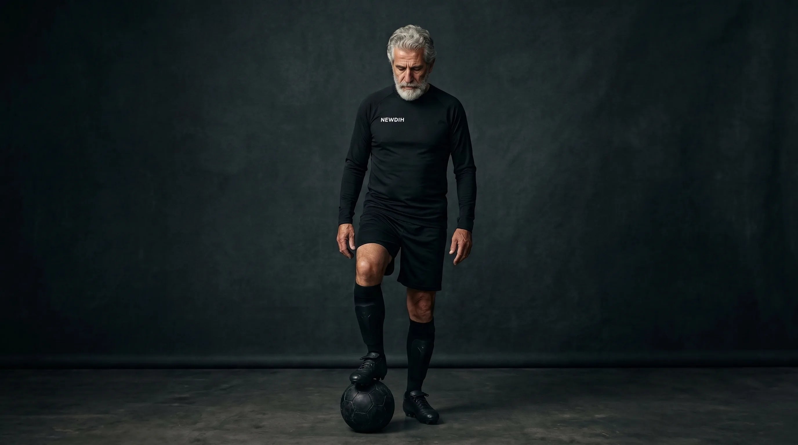 NEWDIH hero: a veteran footballer with grey hair, foot on the ball, dark studio. Lifeballer.
