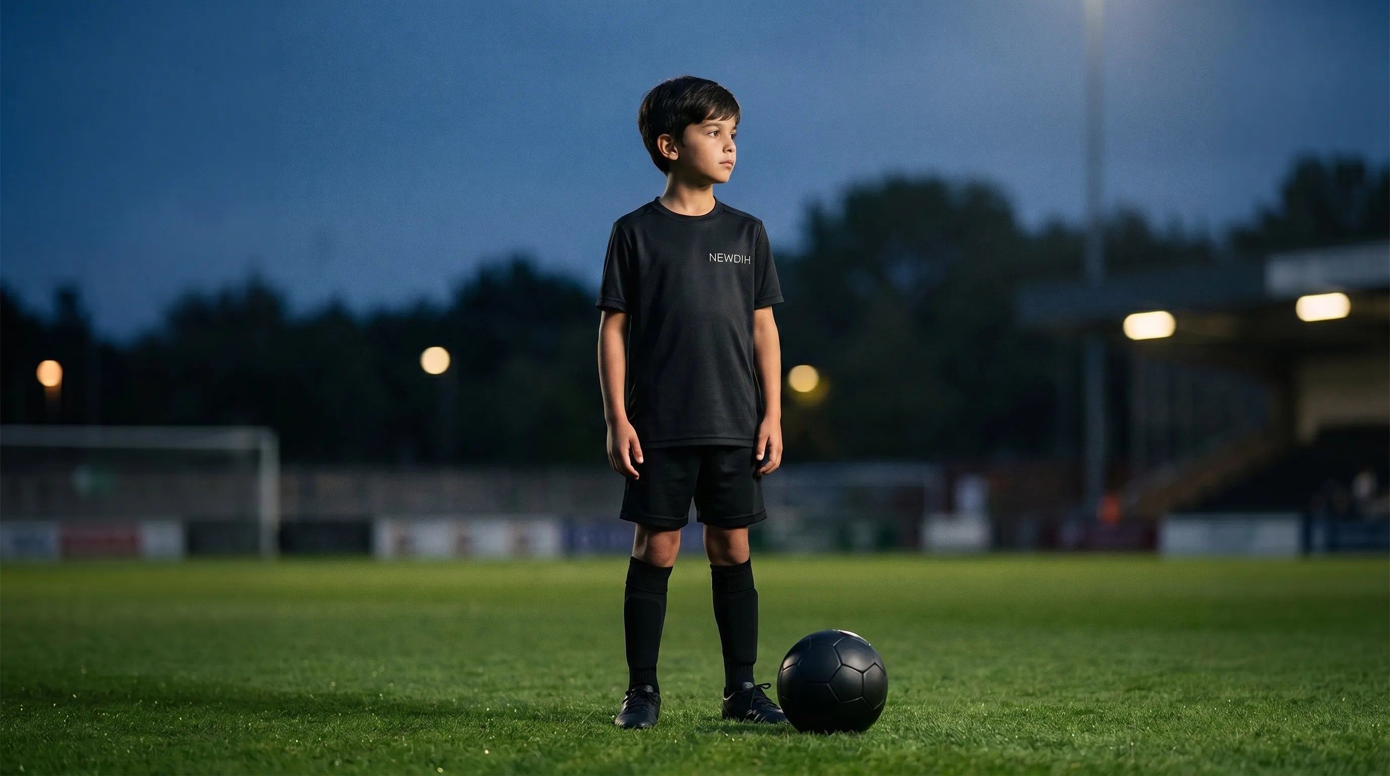 NEWDIH hero: a boy at a stadium-side pitch at dusk. Lifeballer.